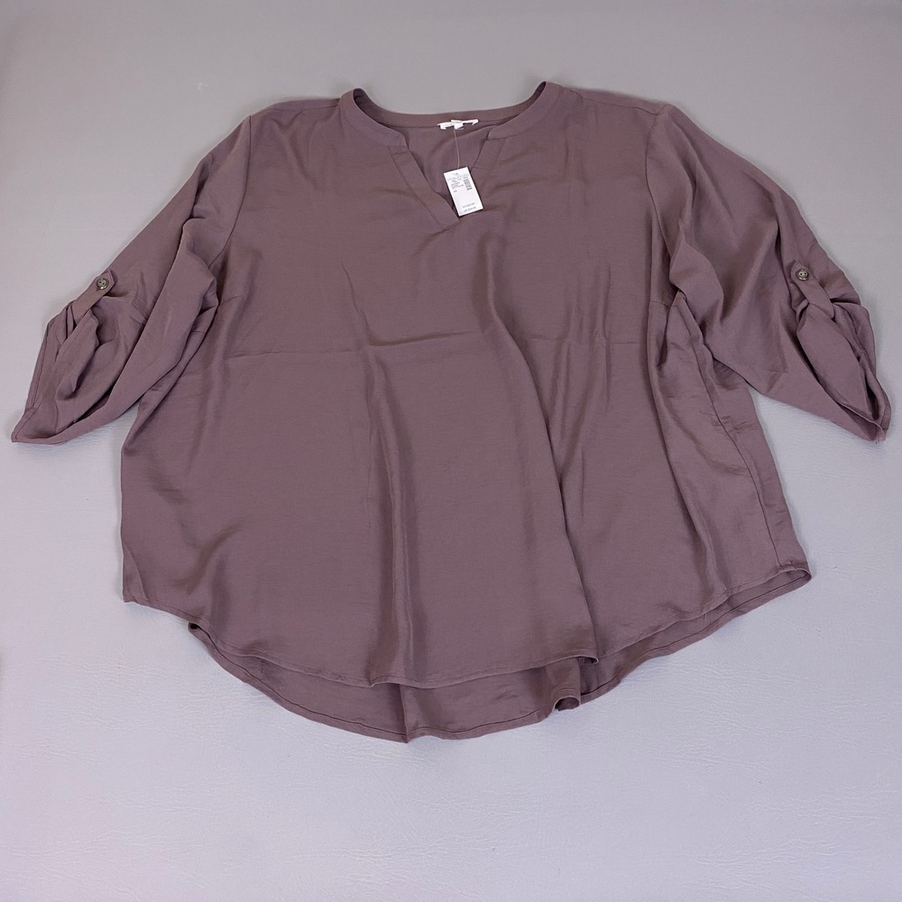 Maurices Blouse Women's Plus 4X Mauve Split V-Neck Roll-Tab Sleeve High-Low